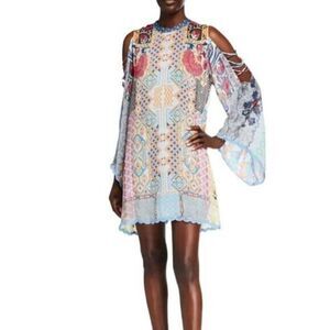 Johnny Was Womens Cahil‎ Open Shoulder Dress White L Tunic Floral Aztec Printed